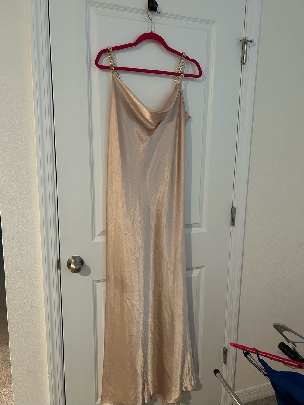 bebe Champagne Satin Slip Dress with Chain Straps
